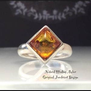 Diamond Shaped Amber Ring. Artisan Amber Ring.